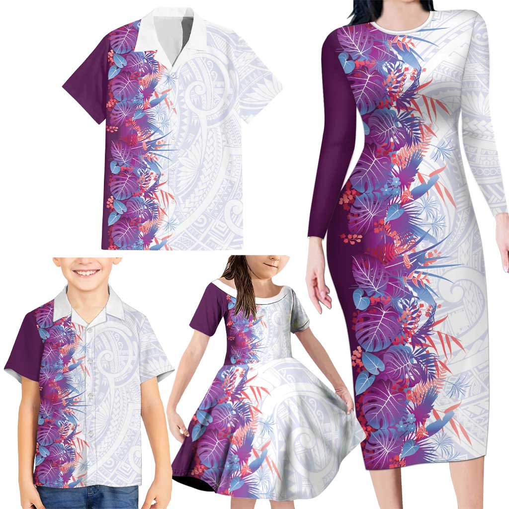 Hawaii Tropical Plant Poni Family Matching Long Sleeve Bodycon Dress and Hawaiian Shirt Vibrant Polynesian Pattern