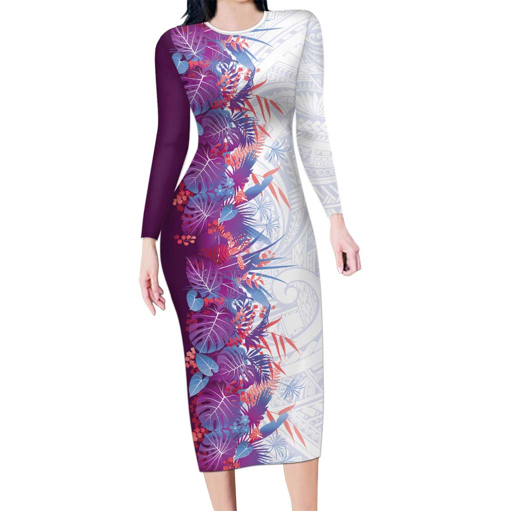 Hawaii Tropical Plant Poni Family Matching Long Sleeve Bodycon Dress and Hawaiian Shirt Vibrant Polynesian Pattern