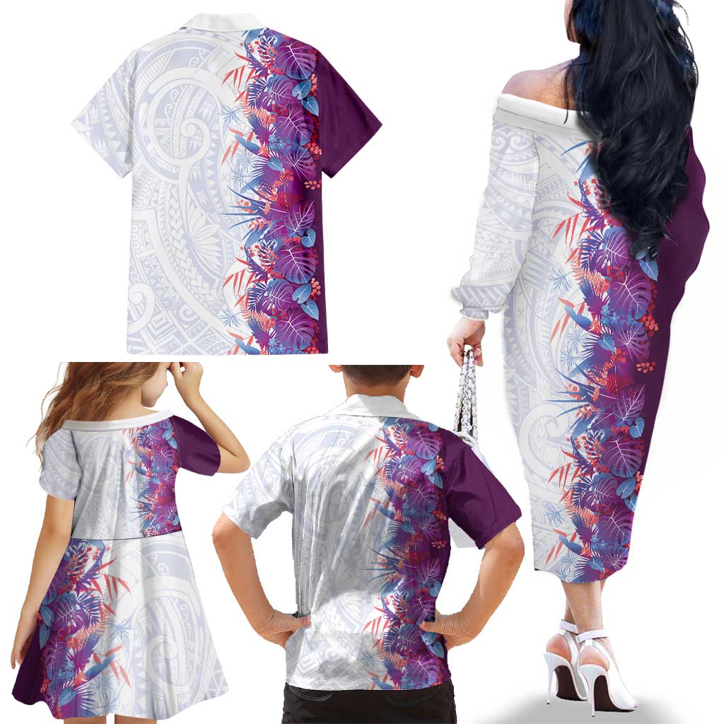 Hawaii Tropical Plant Poni Family Matching Off The Shoulder Long Sleeve Dress and Hawaiian Shirt Vibrant Polynesian Pattern