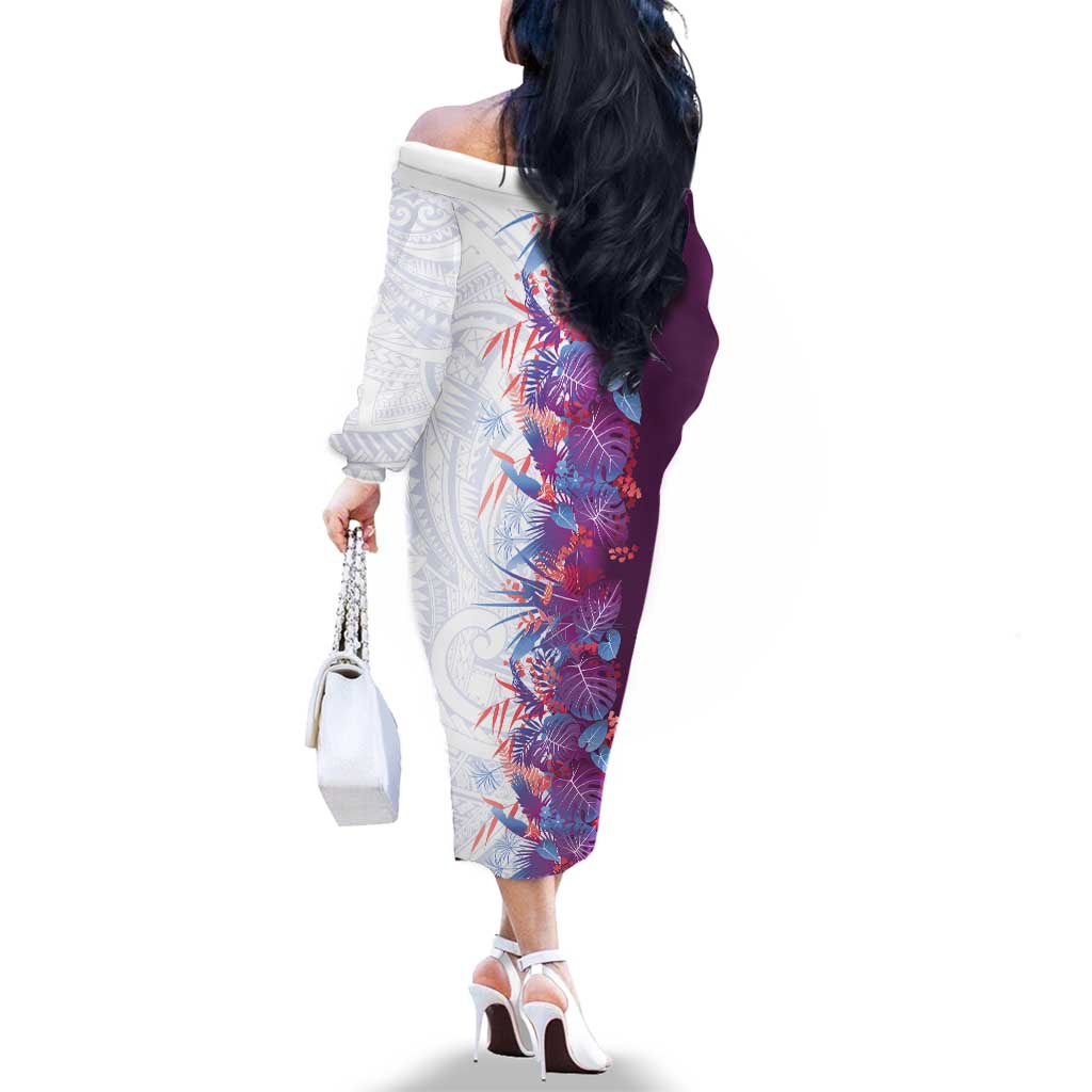 Hawaii Tropical Plant Poni Family Matching Off The Shoulder Long Sleeve Dress and Hawaiian Shirt Vibrant Polynesian Pattern