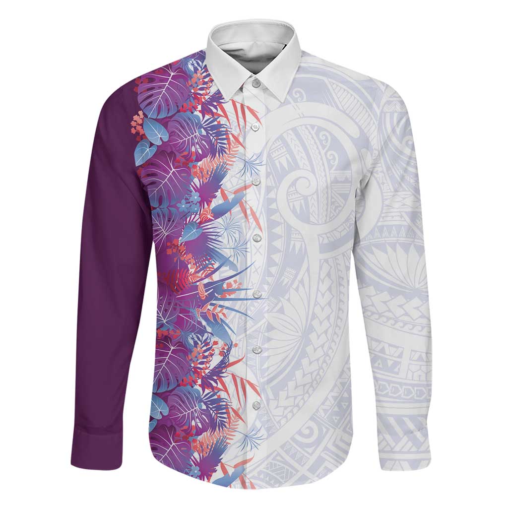 Hawaii Tropical Plant Poni Family Matching Puletasi and Hawaiian Shirt Vibrant Polynesian Pattern LT01 Dad's Shirt - Long Sleeve Purple - Polynesian Pride
