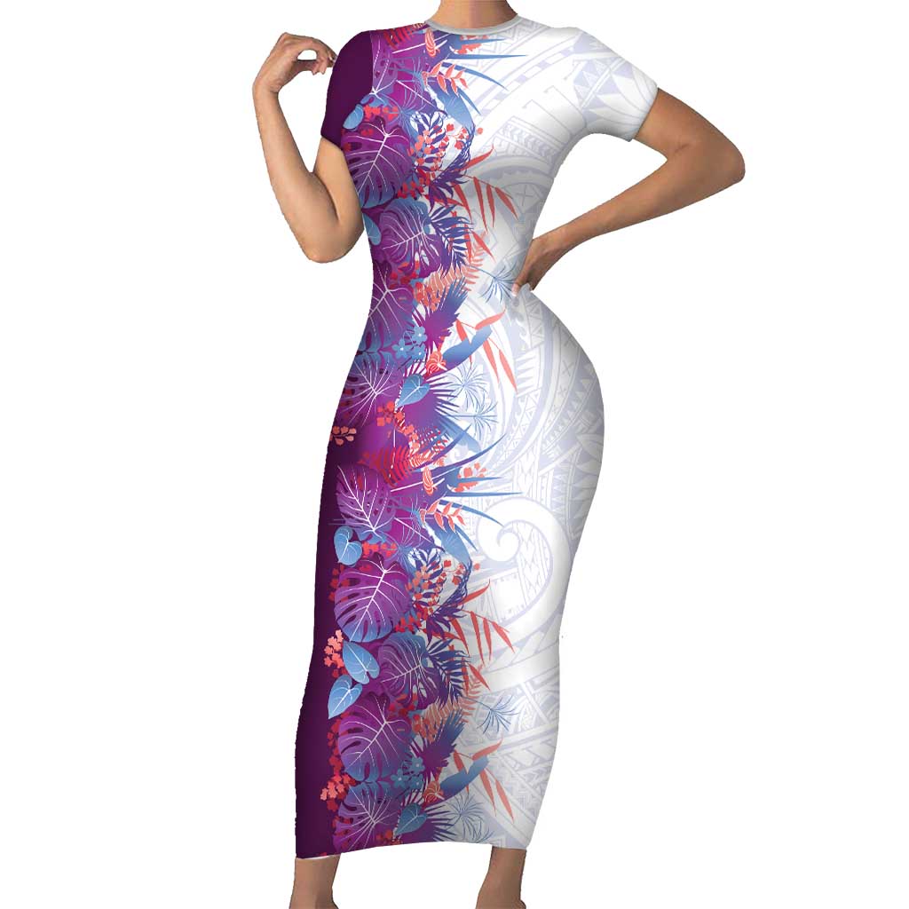 Hawaii Tropical Plant Poni Family Matching Short Sleeve Bodycon Dress and Hawaiian Shirt Vibrant Polynesian Pattern