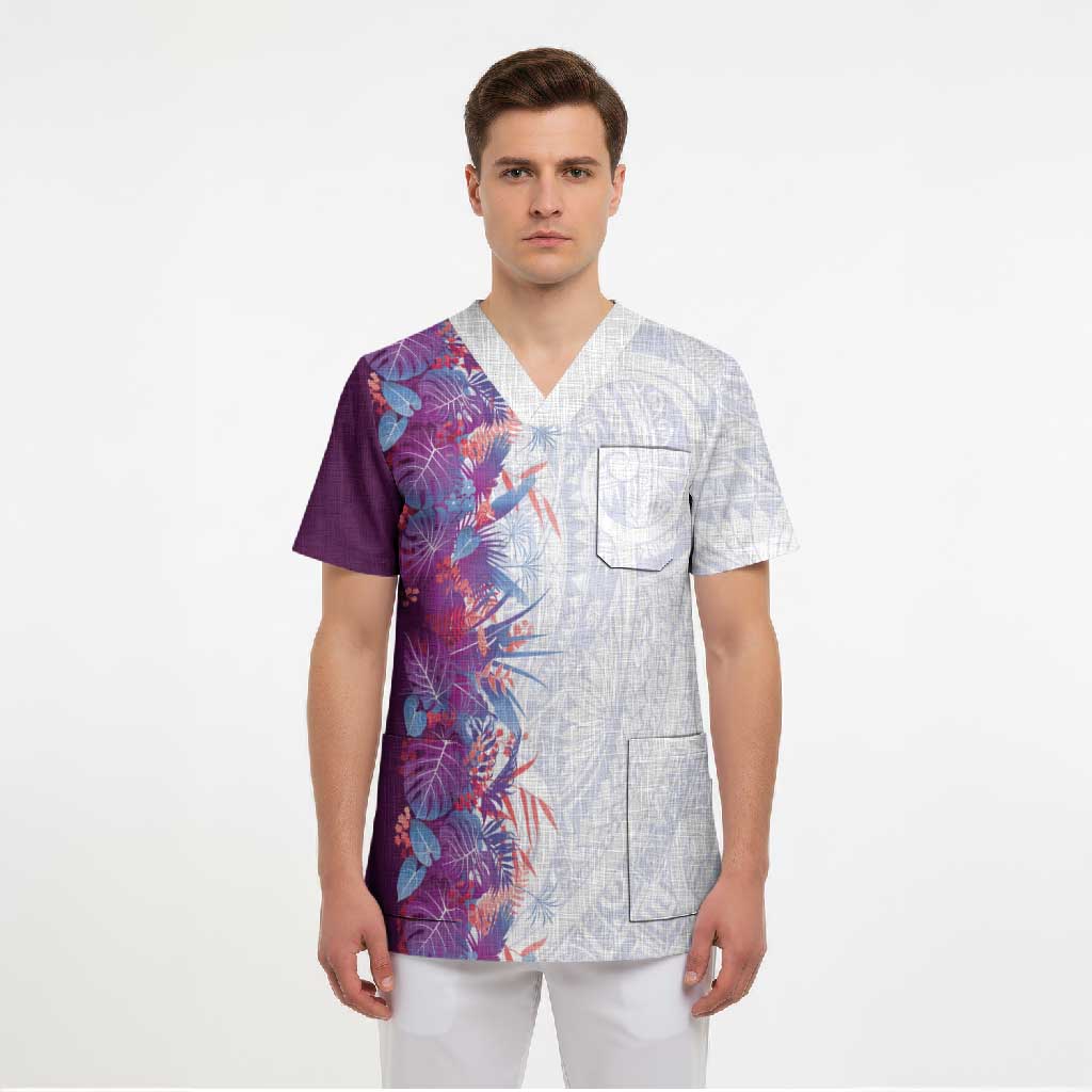 Hawaii Tropical Plant Poni Scrub Top Vibrant Polynesian Pattern