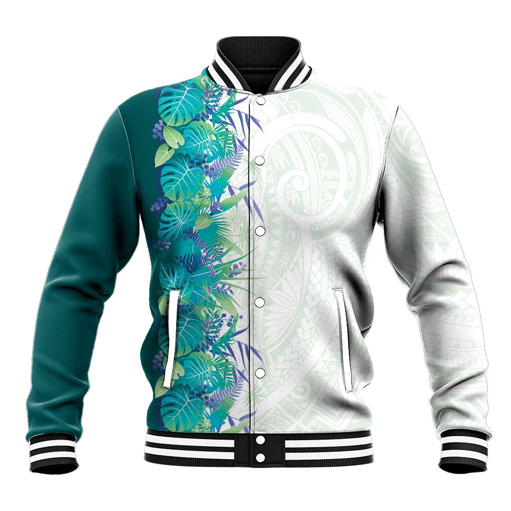 Hawaii Tropical Plant Teal Baseball Jacket Vibrant Polynesian Pattern