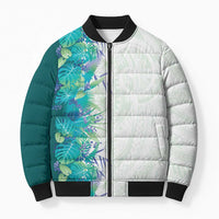 Hawaii Tropical Plant Teal Bomber Puffer Jacket Vibrant Polynesian Pattern