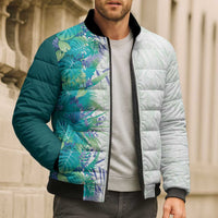 Hawaii Tropical Plant Teal Bomber Puffer Jacket Vibrant Polynesian Pattern