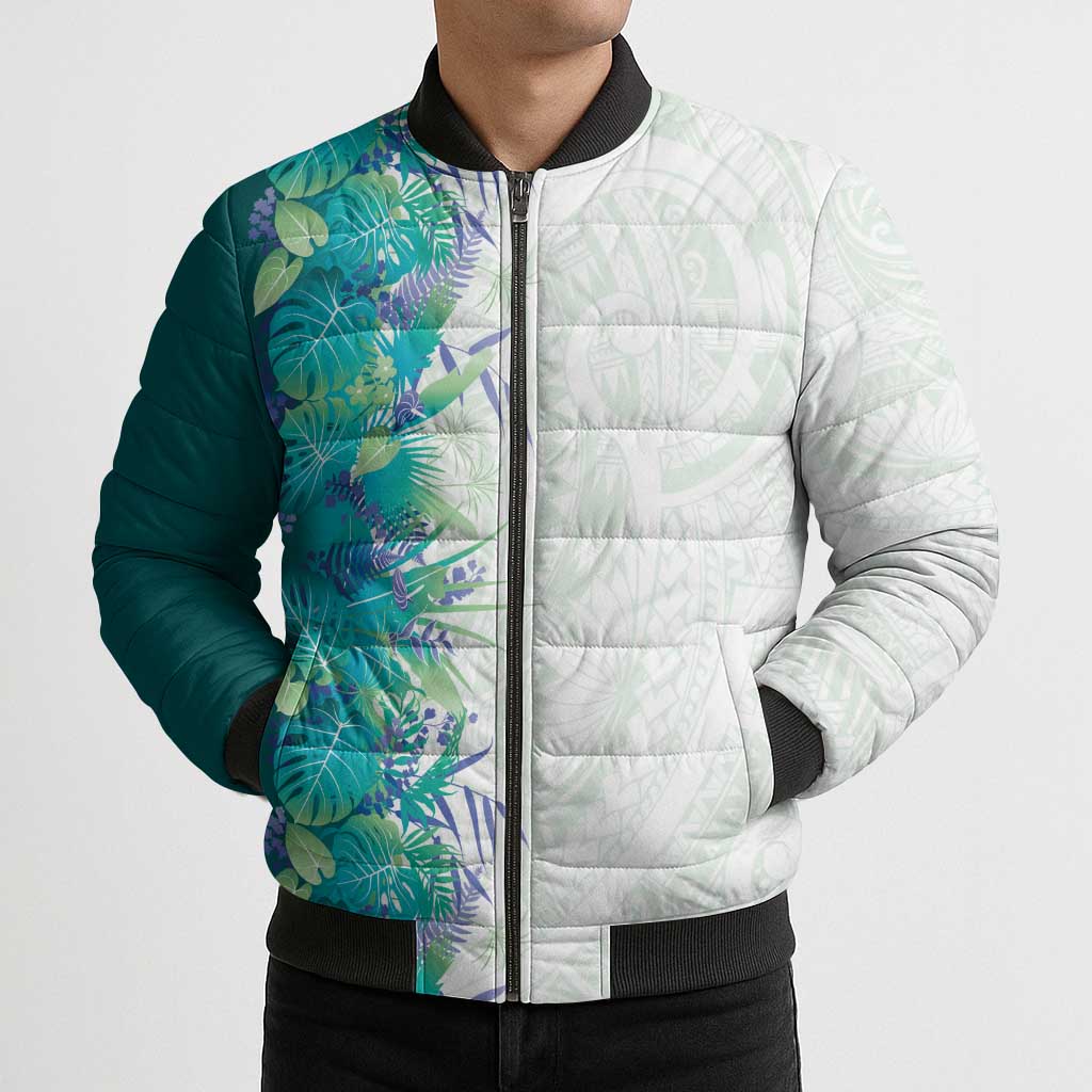 Hawaii Tropical Plant Teal Bomber Puffer Jacket Vibrant Polynesian Pattern