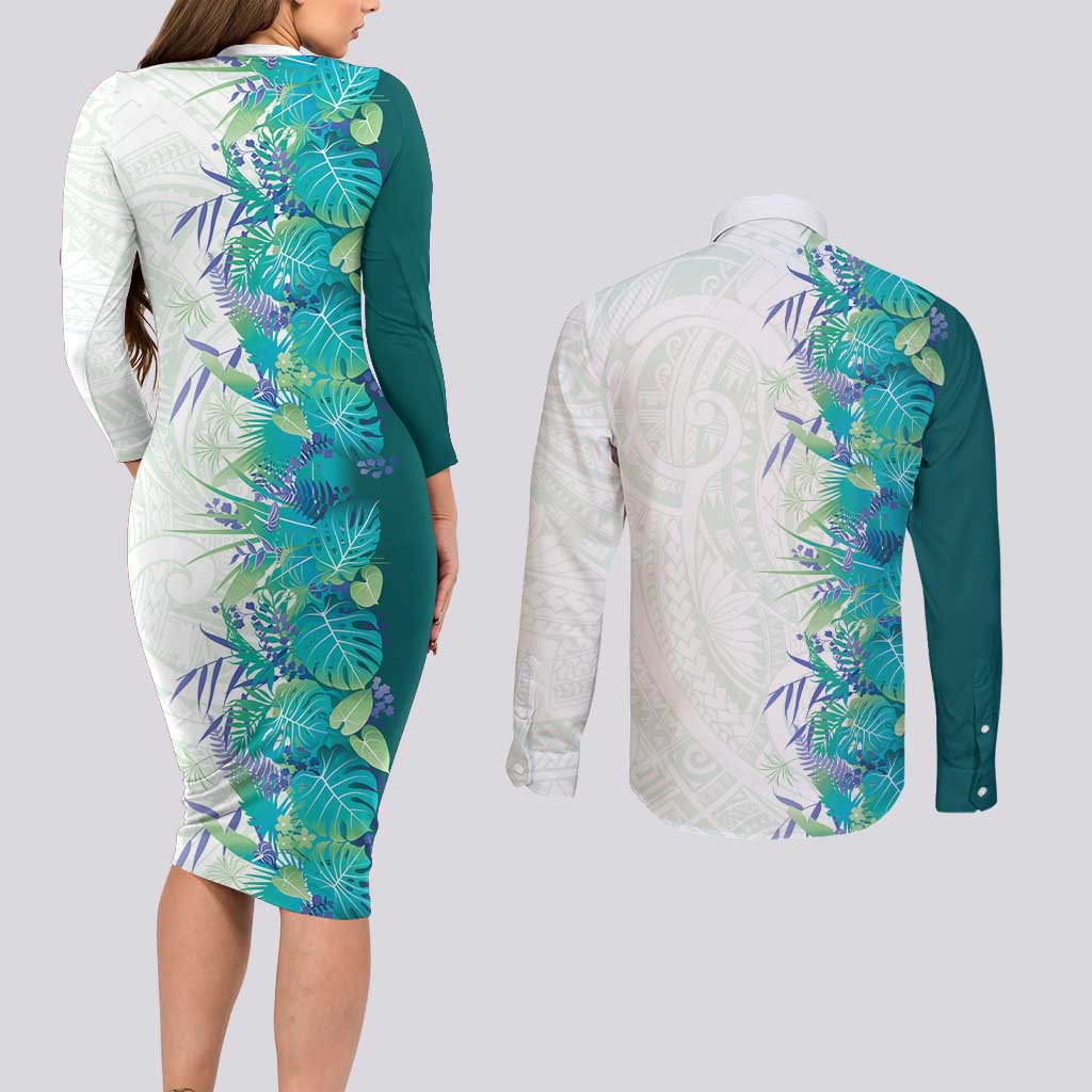 Hawaii Tropical Plant Teal Couples Matching Long Sleeve Bodycon Dress and Long Sleeve Button Shirt Vibrant Polynesian Pattern