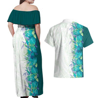 Hawaii Tropical Plant Teal Couples Matching Off Shoulder Maxi Dress and Hawaiian Shirt Vibrant Polynesian Pattern