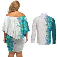 Hawaii Tropical Plant Teal Couples Matching Off Shoulder Short Dress and Long Sleeve Button Shirt Vibrant Polynesian Pattern
