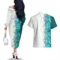 Hawaii Tropical Plant Teal Couples Matching Off The Shoulder Long Sleeve Dress and Hawaiian Shirt Vibrant Polynesian Pattern