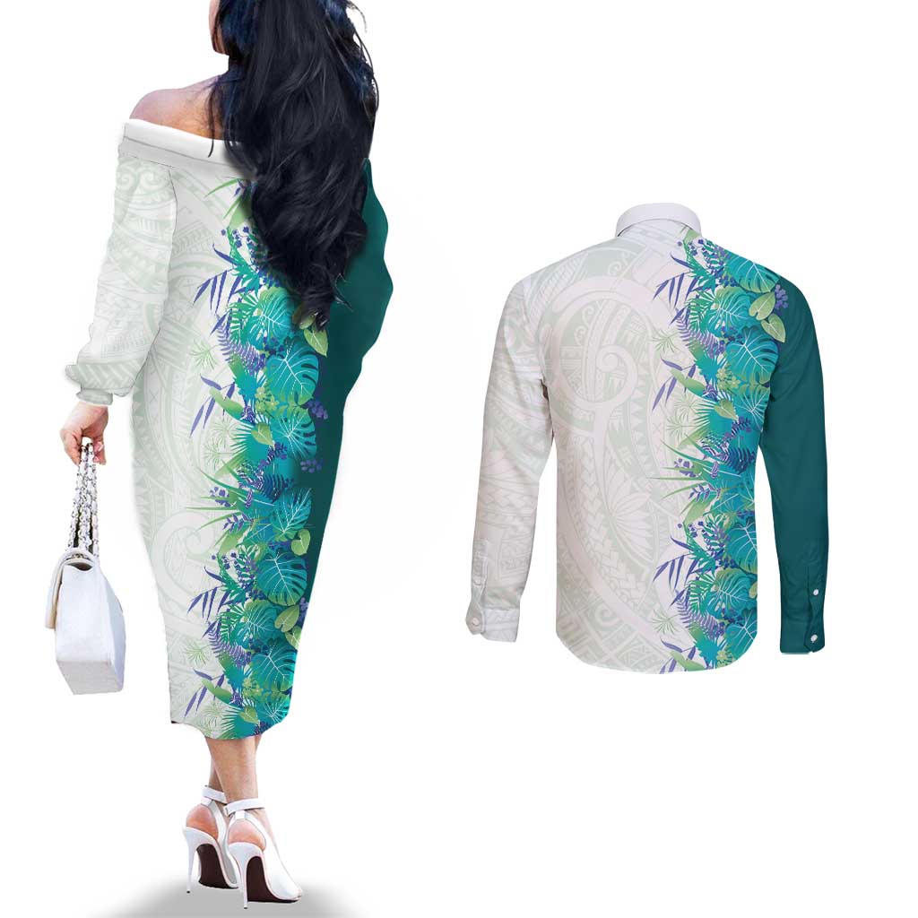 Hawaii Tropical Plant Teal Couples Matching Off The Shoulder Long Sleeve Dress and Long Sleeve Button Shirt Vibrant Polynesian Pattern