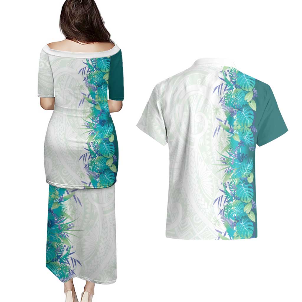 Hawaii Tropical Plant Teal Couples Matching Puletasi and Hawaiian Shirt Vibrant Polynesian Pattern