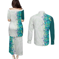 Hawaii Tropical Plant Teal Couples Matching Puletasi and Long Sleeve Button Shirt Vibrant Polynesian Pattern