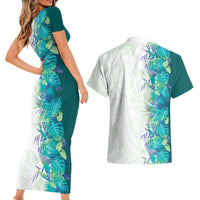 Hawaii Tropical Plant Teal Couples Matching Short Sleeve Bodycon Dress and Hawaiian Shirt Vibrant Polynesian Pattern