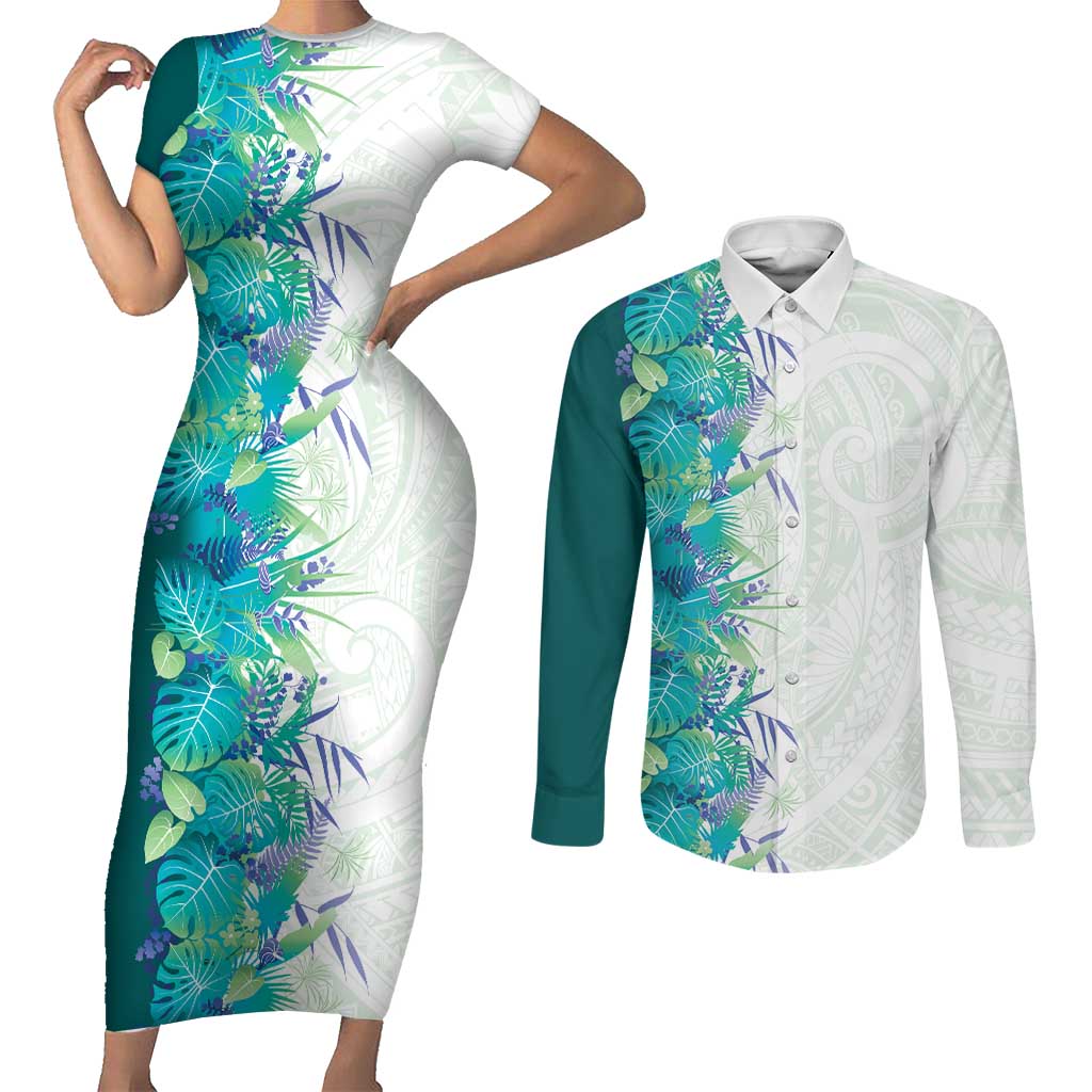 Hawaii Tropical Plant Teal Couples Matching Short Sleeve Bodycon Dress and Long Sleeve Button Shirt Vibrant Polynesian Pattern LT01 Teal - Polynesian Pride
