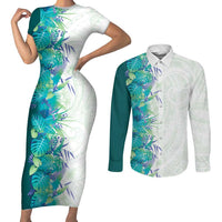 Hawaii Tropical Plant Teal Couples Matching Short Sleeve Bodycon Dress and Long Sleeve Button Shirt Vibrant Polynesian Pattern LT01 Teal - Polynesian Pride