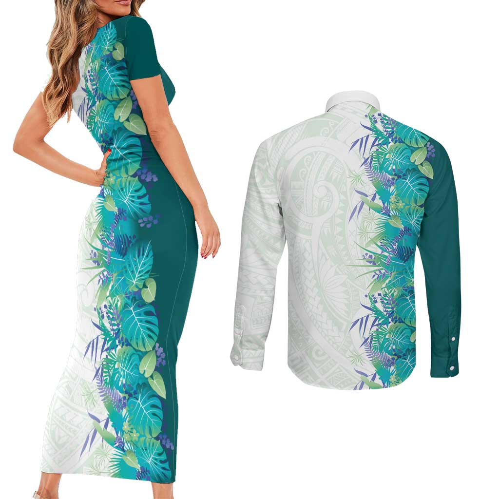 Hawaii Tropical Plant Teal Couples Matching Short Sleeve Bodycon Dress and Long Sleeve Button Shirt Vibrant Polynesian Pattern LT01 - Polynesian Pride