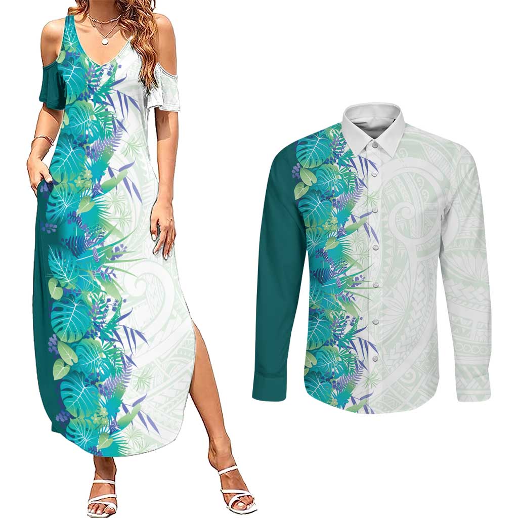 Hawaii Tropical Plant Teal Couples Matching Summer Maxi Dress and Long Sleeve Button Shirt Vibrant Polynesian Pattern