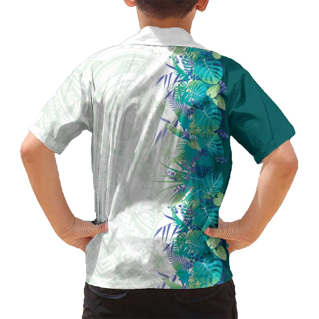 Hawaii Tropical Plant Teal Family Matching Long Sleeve Bodycon Dress and Hawaiian Shirt Vibrant Polynesian Pattern