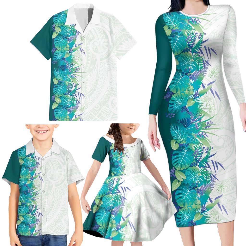 Hawaii Tropical Plant Teal Family Matching Long Sleeve Bodycon Dress and Hawaiian Shirt Vibrant Polynesian Pattern