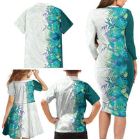 Hawaii Tropical Plant Teal Family Matching Long Sleeve Bodycon Dress and Hawaiian Shirt Vibrant Polynesian Pattern