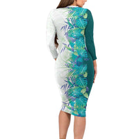 Hawaii Tropical Plant Teal Family Matching Long Sleeve Bodycon Dress and Hawaiian Shirt Vibrant Polynesian Pattern