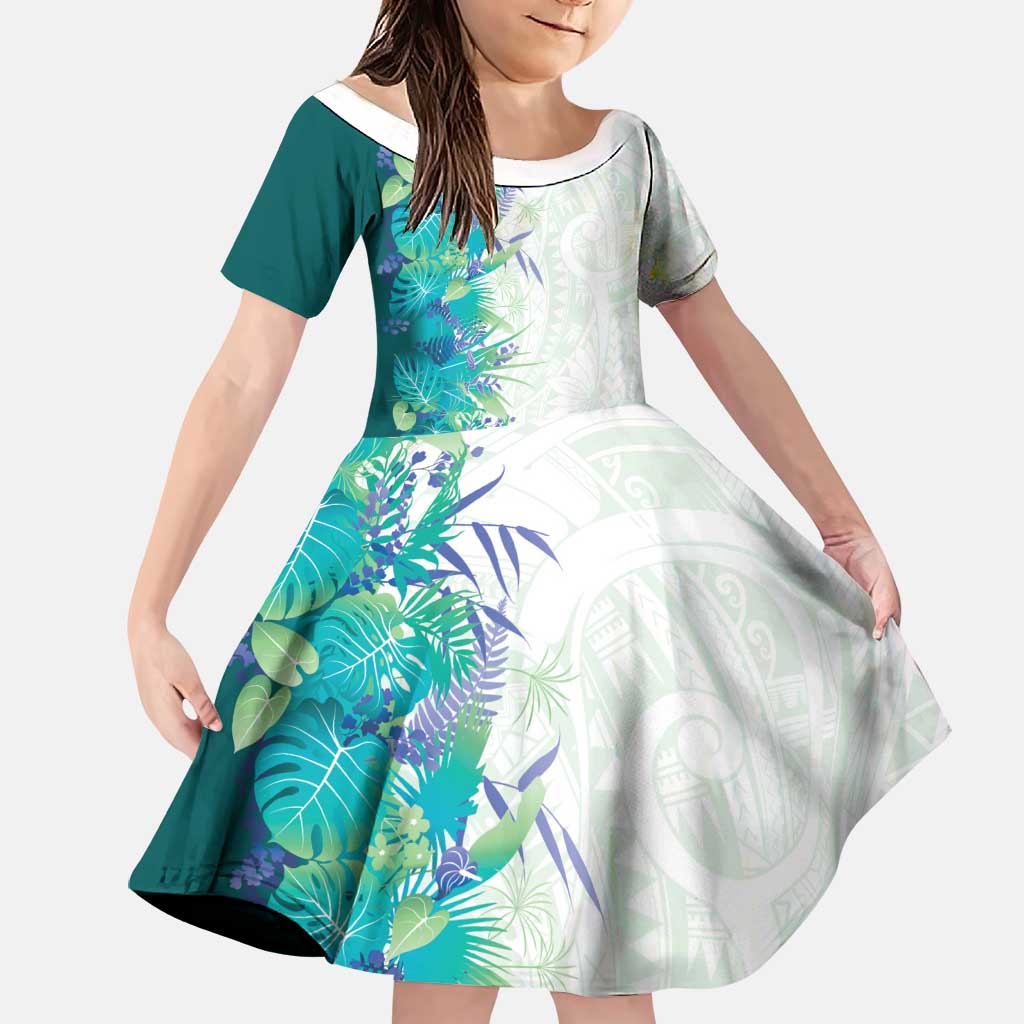 Hawaii Tropical Plant Teal Family Matching Mermaid Dress and Hawaiian Shirt Vibrant Polynesian Pattern