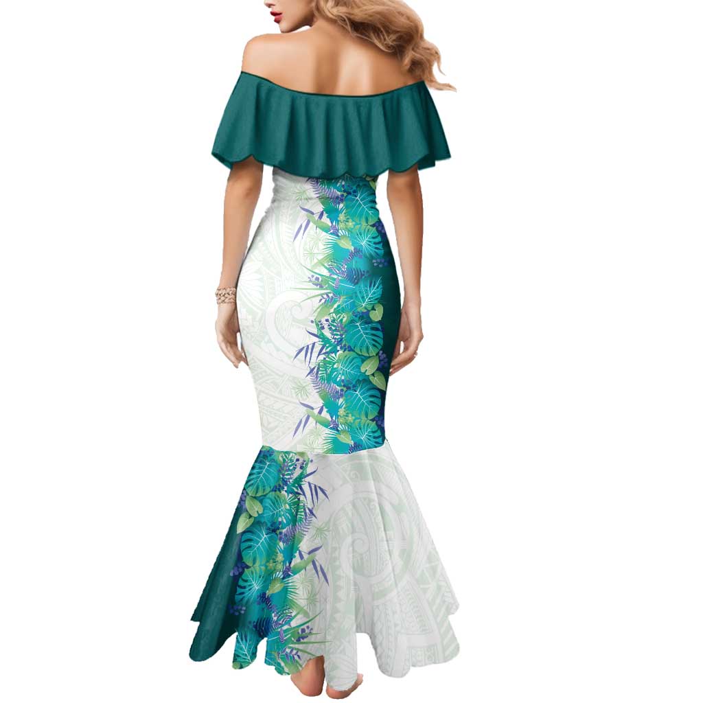 Hawaii Tropical Plant Teal Family Matching Mermaid Dress and Hawaiian Shirt Vibrant Polynesian Pattern