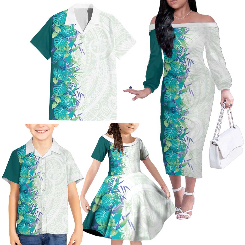 Hawaii Tropical Plant Teal Family Matching Off The Shoulder Long Sleeve Dress and Hawaiian Shirt Vibrant Polynesian Pattern