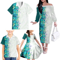 Hawaii Tropical Plant Teal Family Matching Off The Shoulder Long Sleeve Dress and Hawaiian Shirt Vibrant Polynesian Pattern