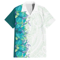 Hawaii Tropical Plant Teal Family Matching Off The Shoulder Long Sleeve Dress and Hawaiian Shirt Vibrant Polynesian Pattern