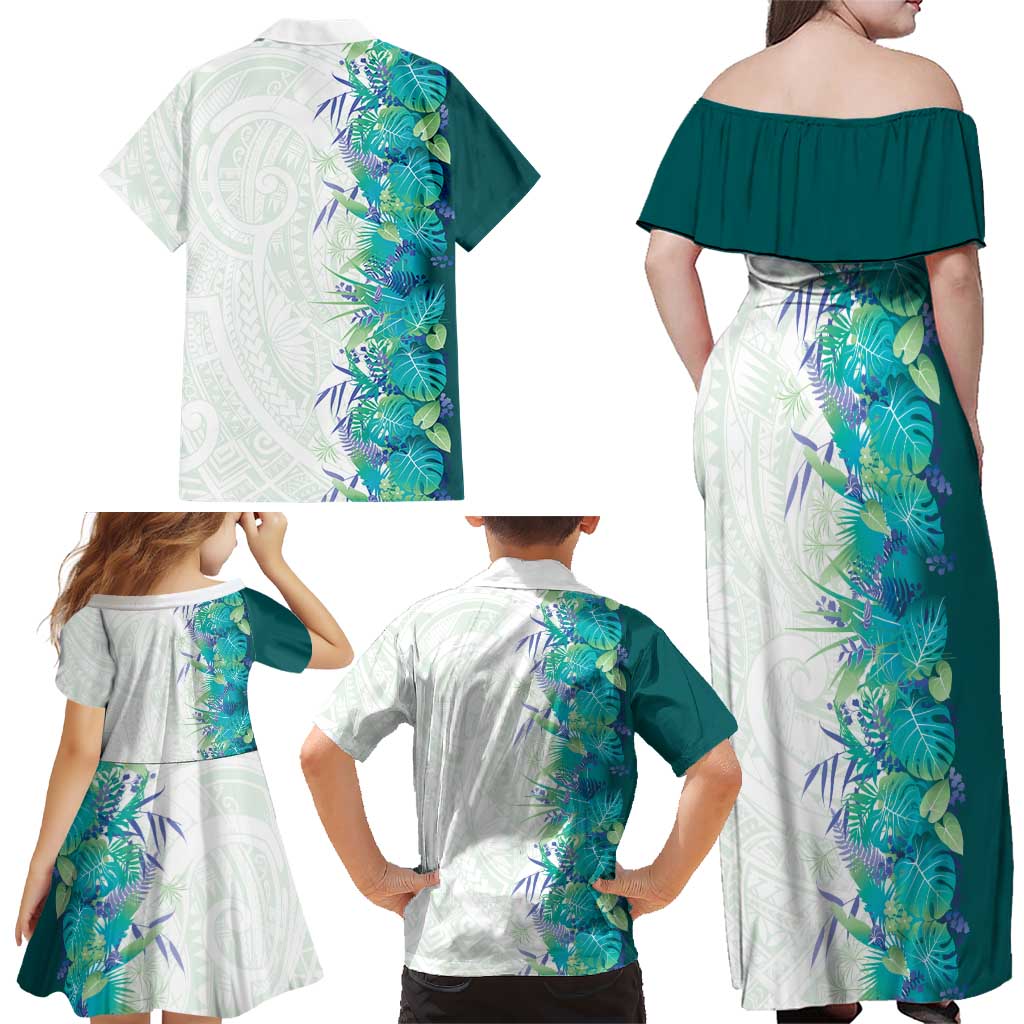 Hawaii Tropical Plant Teal Family Matching Off Shoulder Maxi Dress and Hawaiian Shirt Vibrant Polynesian Pattern
