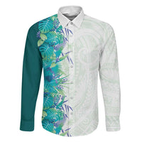 Hawaii Tropical Plant Teal Family Matching Off Shoulder Maxi Dress and Hawaiian Shirt Vibrant Polynesian Pattern