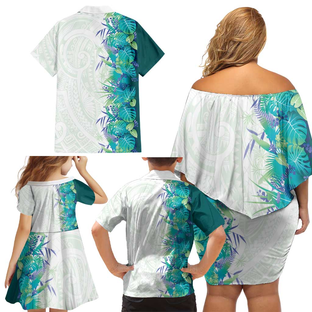 Hawaii Tropical Plant Teal Family Matching Off Shoulder Short Dress and Hawaiian Shirt Vibrant Polynesian Pattern