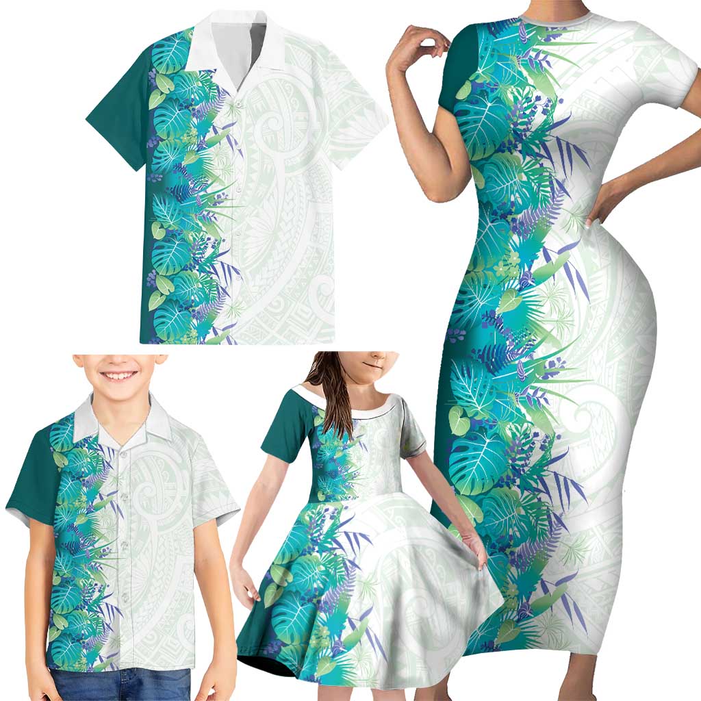 Hawaii Tropical Plant Teal Family Matching Short Sleeve Bodycon Dress and Hawaiian Shirt Vibrant Polynesian Pattern