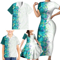 Hawaii Tropical Plant Teal Family Matching Short Sleeve Bodycon Dress and Hawaiian Shirt Vibrant Polynesian Pattern