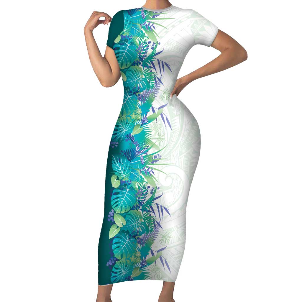 Hawaii Tropical Plant Teal Family Matching Short Sleeve Bodycon Dress and Hawaiian Shirt Vibrant Polynesian Pattern