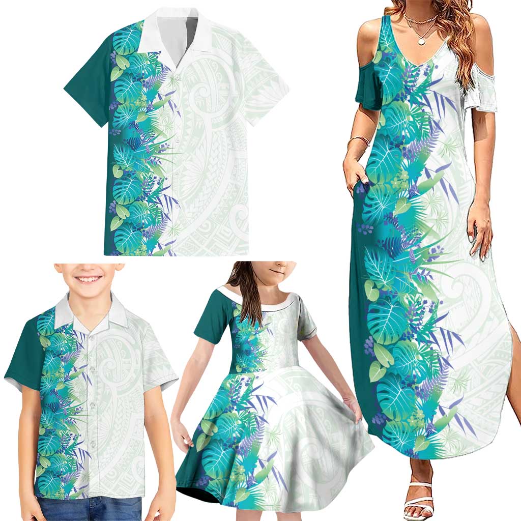 Hawaii Tropical Plant Teal Family Matching Summer Maxi Dress and Hawaiian Shirt Vibrant Polynesian Pattern
