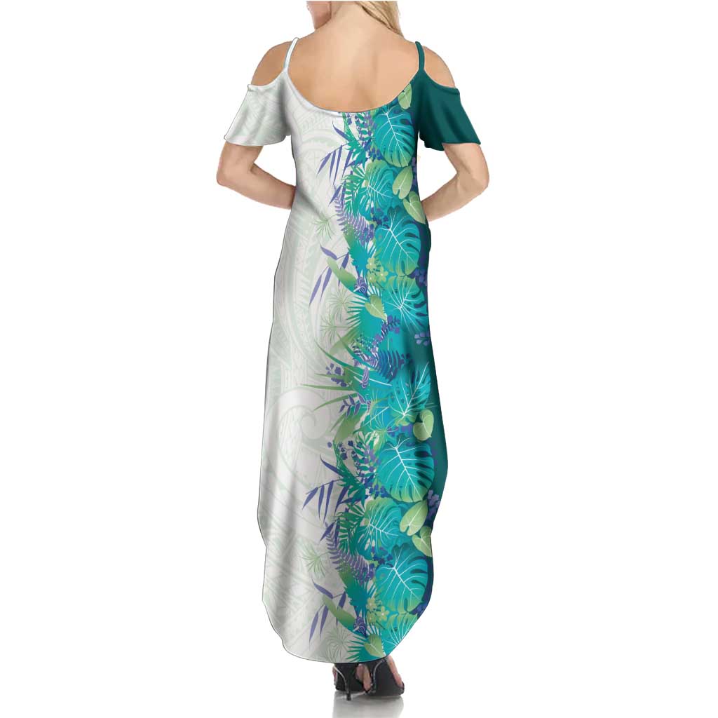 Hawaii Tropical Plant Teal Family Matching Summer Maxi Dress and Hawaiian Shirt Vibrant Polynesian Pattern