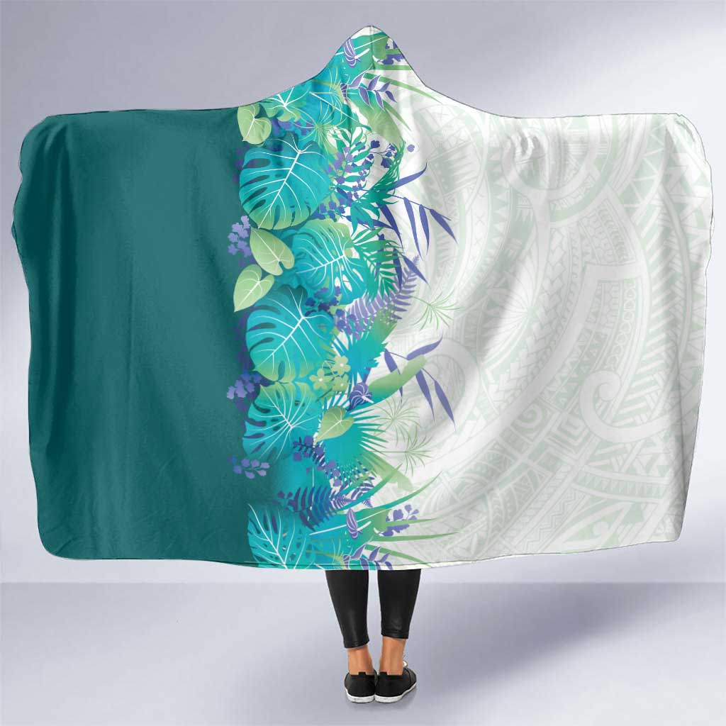 Hawaii Tropical Plant Teal Hooded Blanket Vibrant Polynesian Pattern