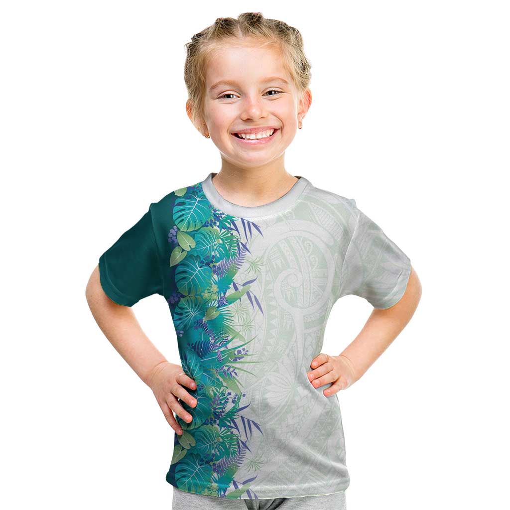 Hawaii Tropical Plant Teal Kid T Shirt Vibrant Polynesian Pattern