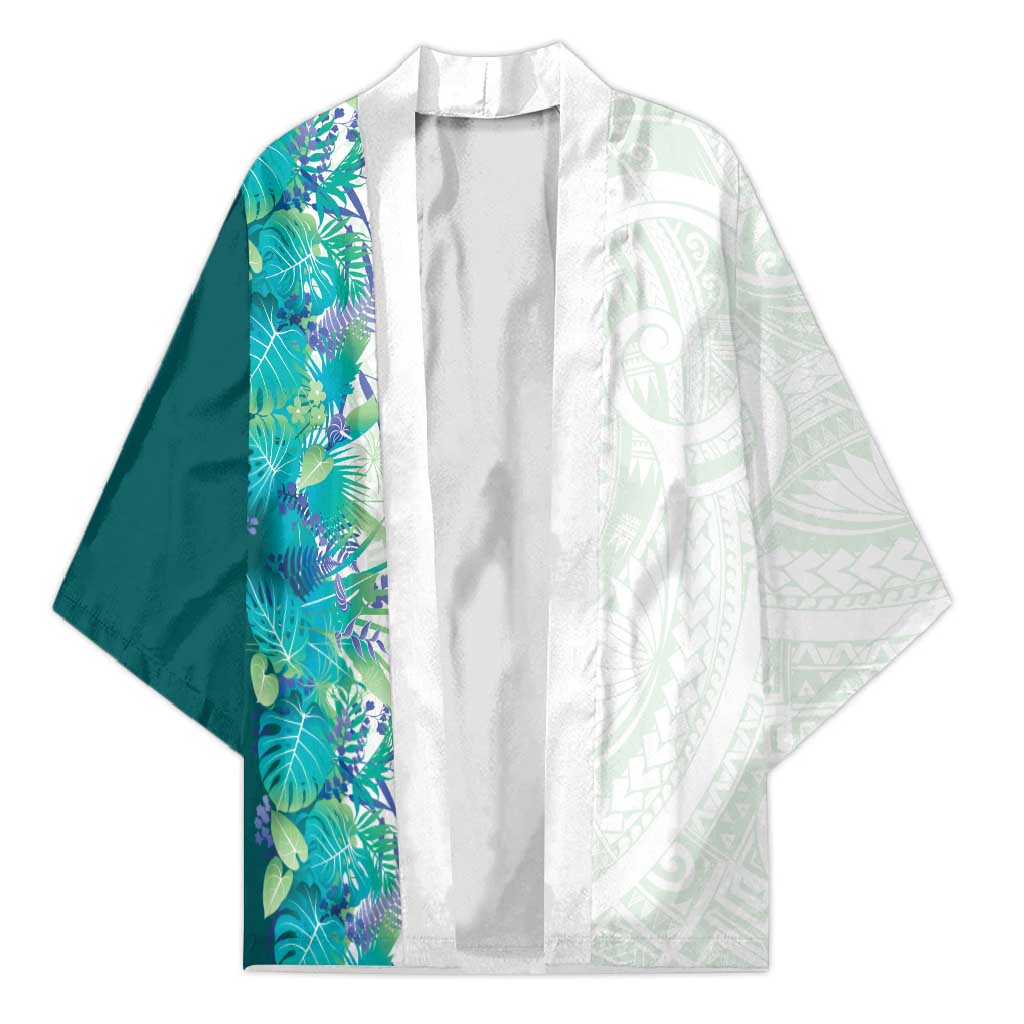 Hawaii Tropical Plant Teal Kimono Vibrant Polynesian Pattern
