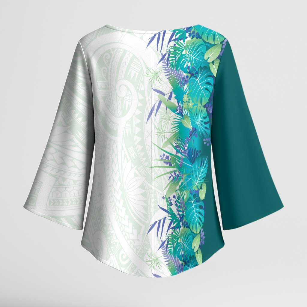 Hawaii Tropical Plant Teal Kimono Sleeve Blouse Vibrant Polynesian Pattern
