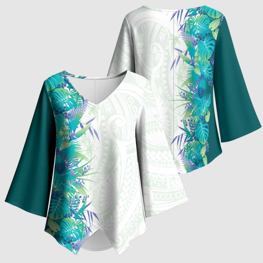 Hawaii Tropical Plant Teal Kimono Sleeve Blouse Vibrant Polynesian Pattern