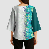 Hawaii Tropical Plant Teal Kimono Sleeve Blouse Vibrant Polynesian Pattern