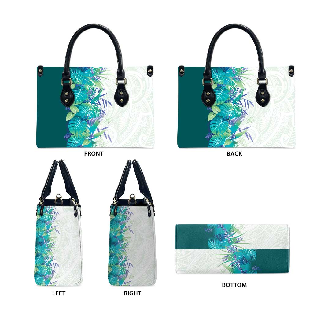 Hawaii Tropical Plant Teal Leather Bag Vibrant Polynesian Pattern