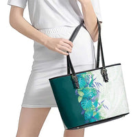 Hawaii Tropical Plant Teal Leather Tote Bag Vibrant Polynesian Pattern