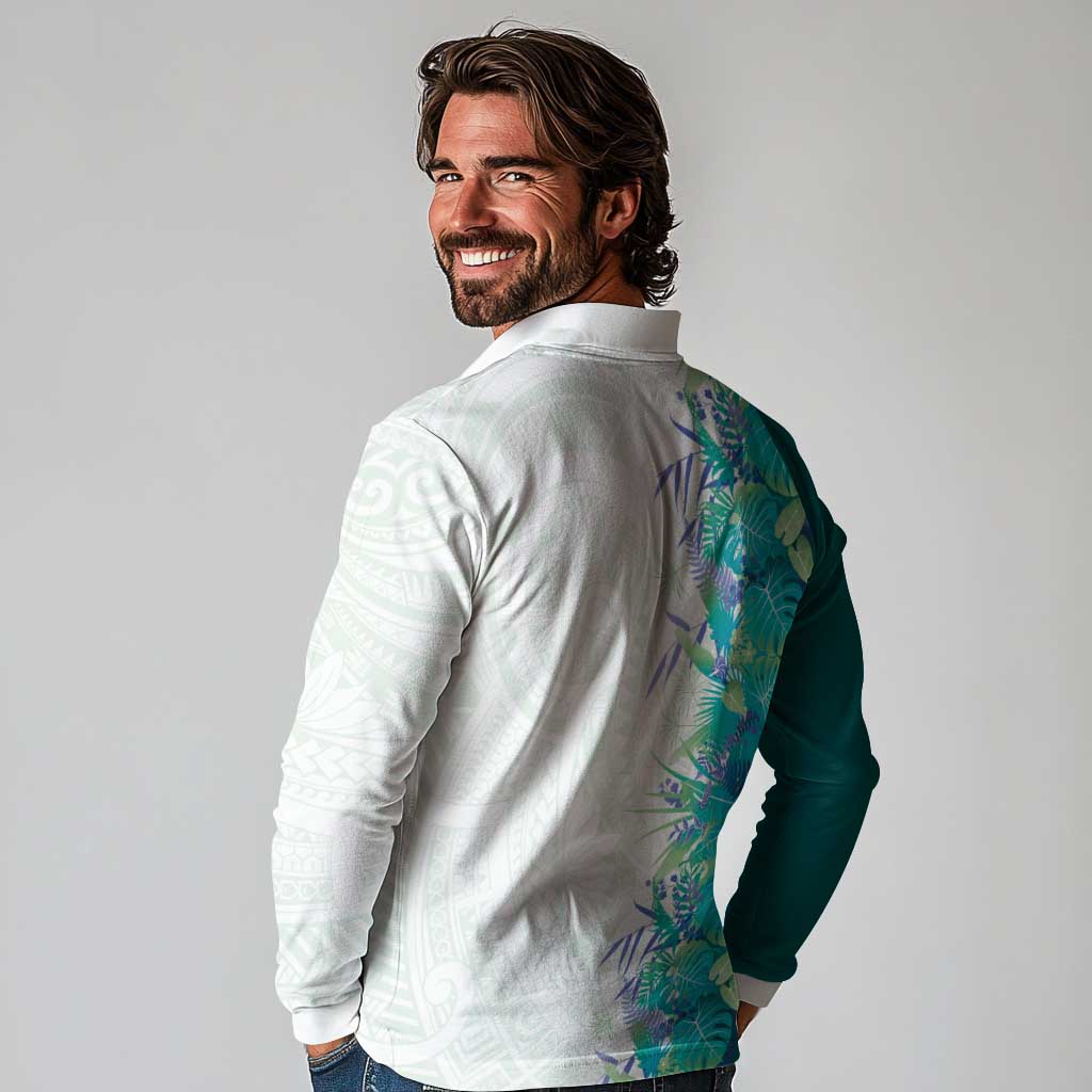 Hawaii Tropical Plant Teal Long Sleeve Polo Shirt Vibrant Polynesian Pattern