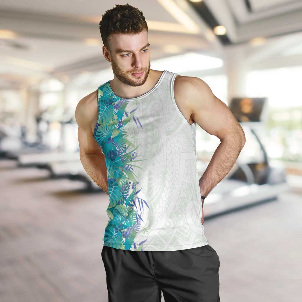 Hawaii Tropical Plant Teal Men Tank Top Vibrant Polynesian Pattern